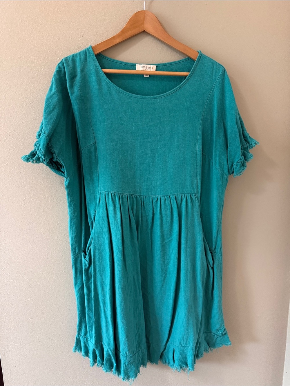 Umgee Teal Short Sleeve Dress with Ruffle Sleeves